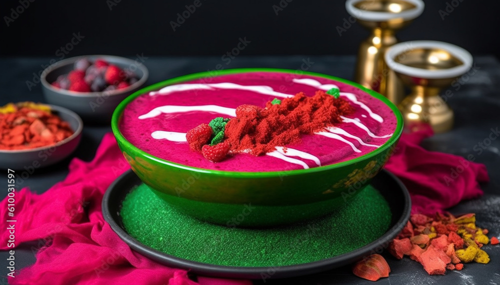 Fresh berry yogurt dessert in a multi colored crockery bowl generated by AI