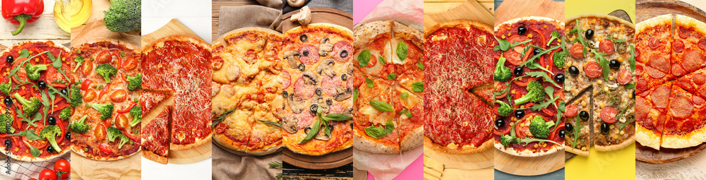 Collage with many pizzas on color background, top view