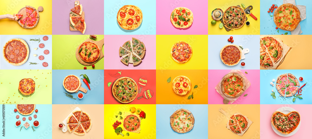 Collage with many different pizzas on color background, top view