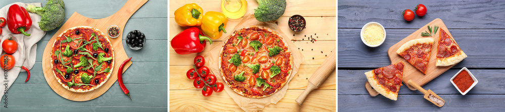 Collage with different pizzas on wooden background, top view