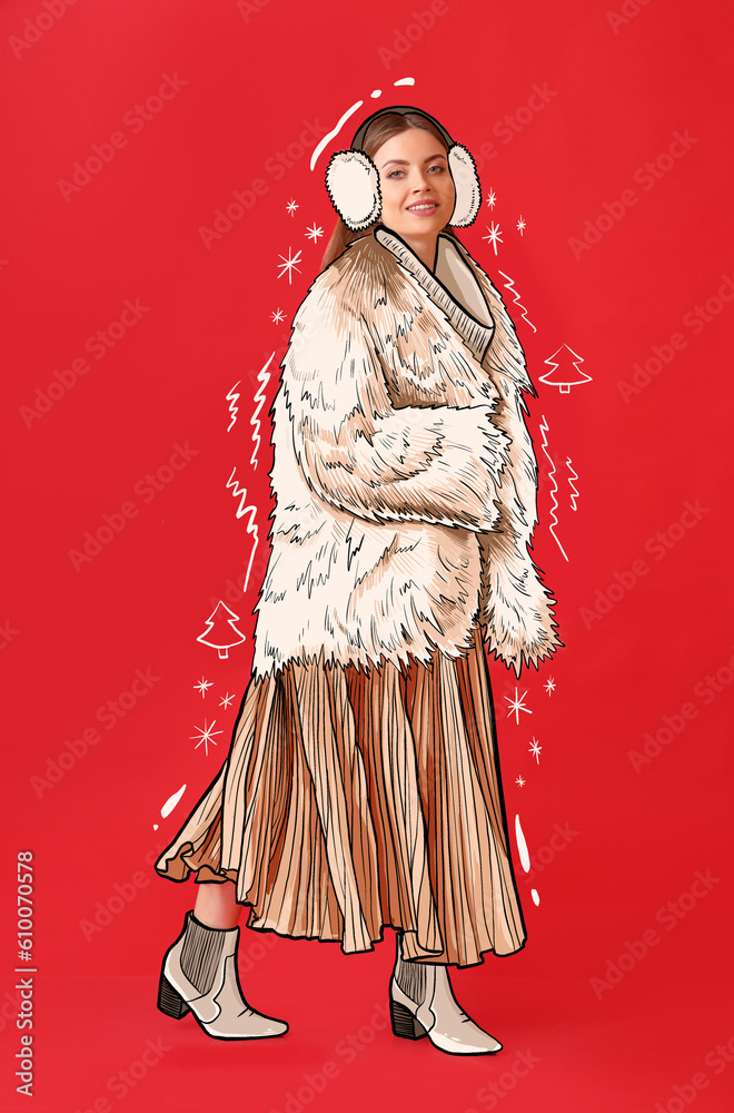 Beautiful fashionable woman in drawn warm clothes on red background