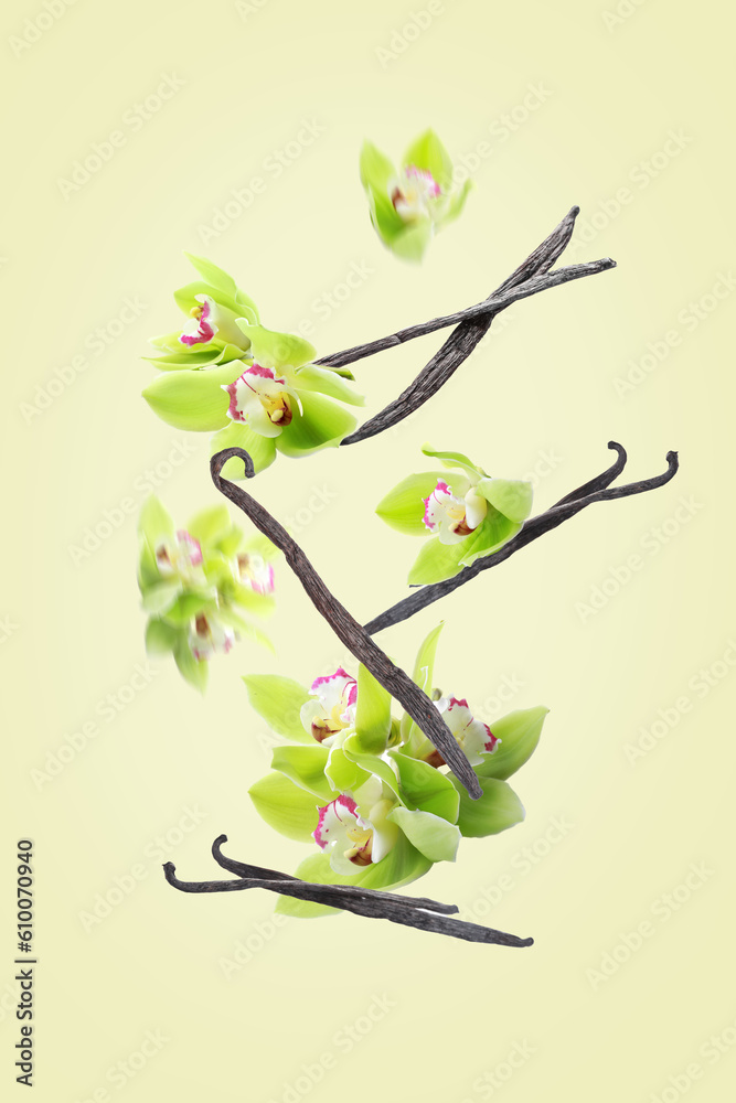 Flying vanilla sticks and orchid flowers on beige background