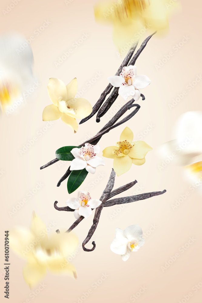 Flying vanilla sticks and orchid flowers on beige background