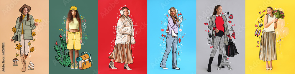 Set of beautiful fashionable women in drawn clothes on color background