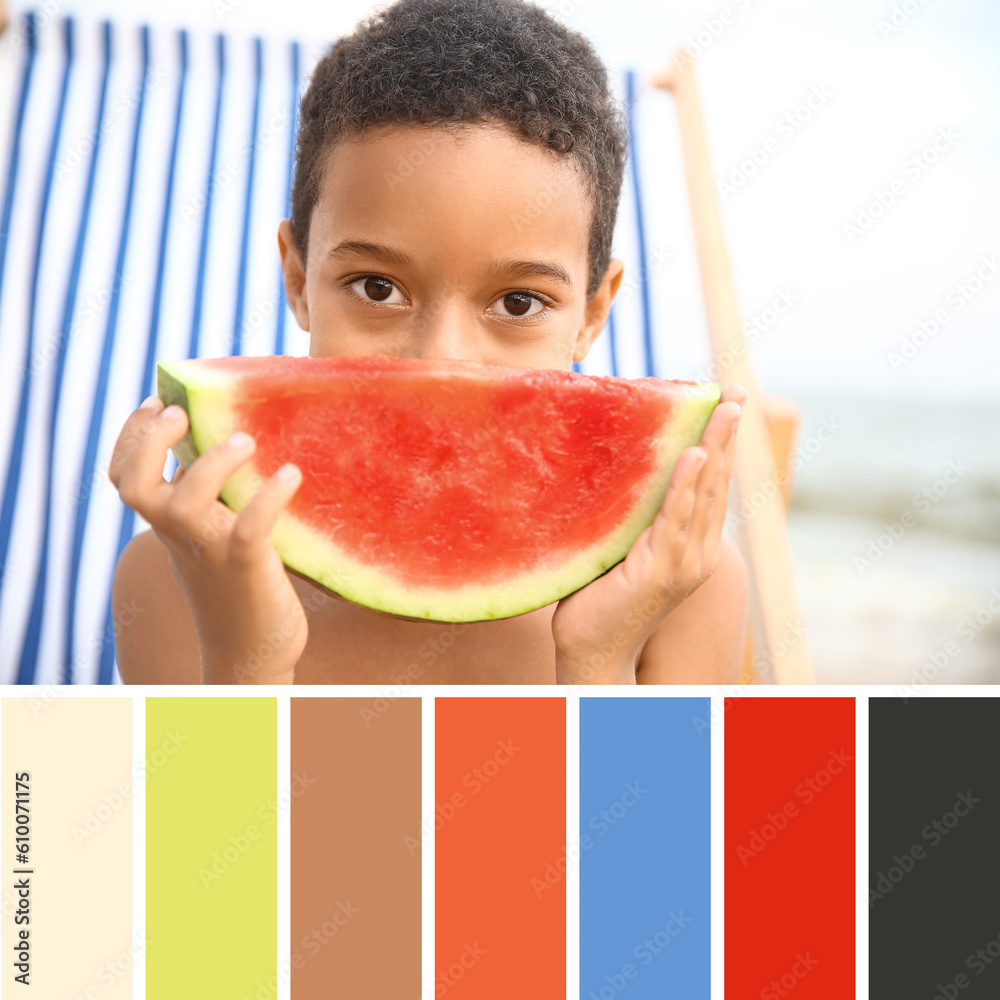 African-American little boy with fresh watermelon on sea beach. Different color patterns