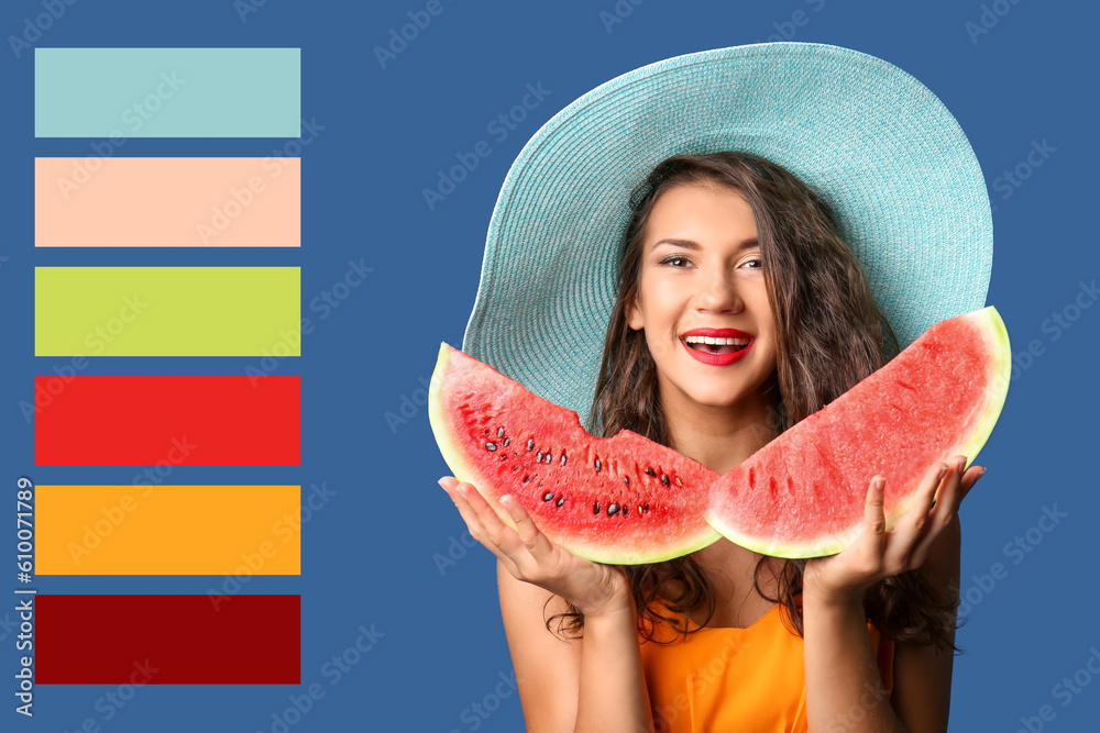 Beautiful young woman with slices of tasty watermelon on blue background. Different color patterns