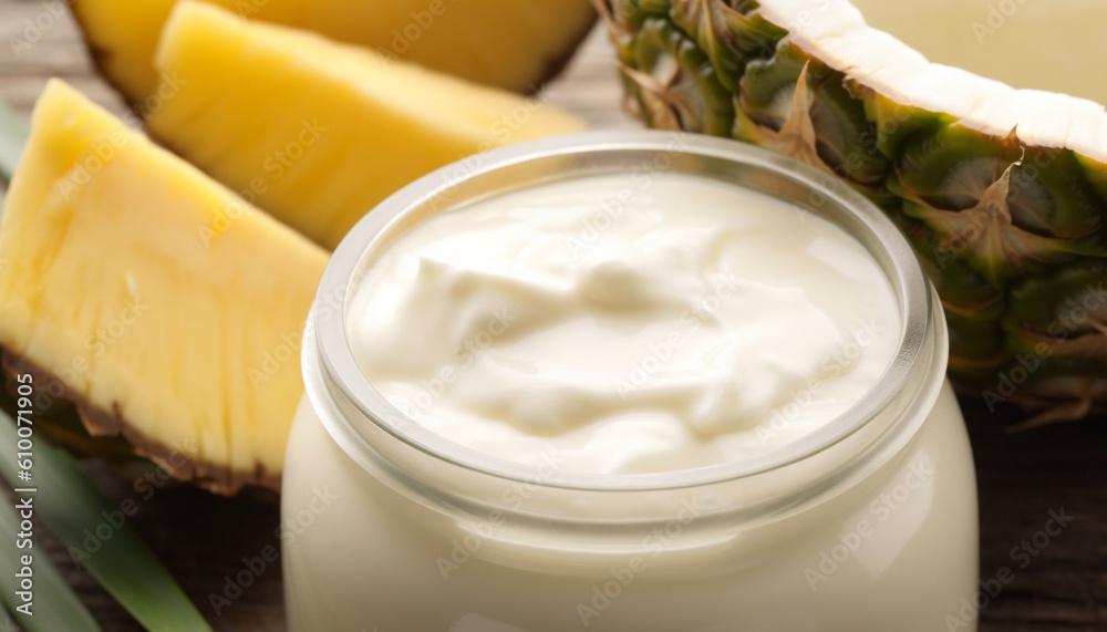 Organic coconut yogurt with pineapple slice, a healthy summer snack generated by AI