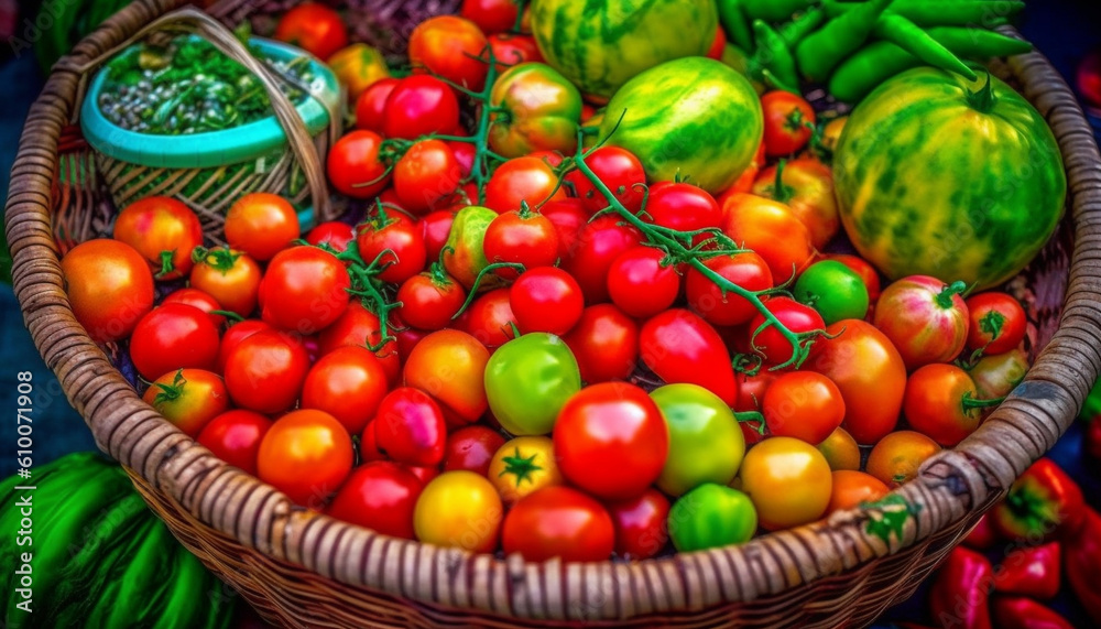 Fresh organic vegetable salad with ripe cherry tomatoes and cucumbers generated by AI