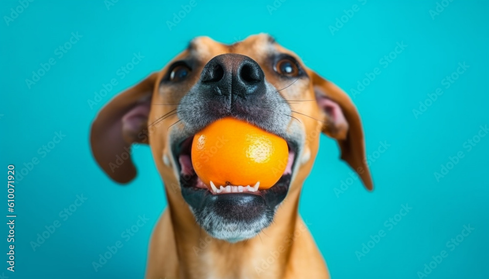 Cute terrier puppy chewing on fresh fruit in playful portrait generated by AI