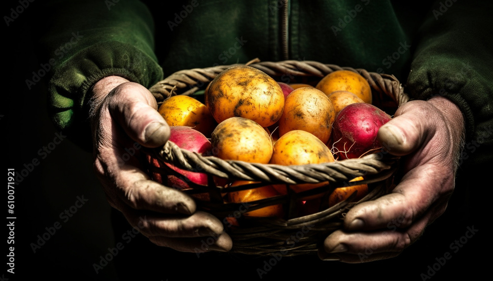 Farmer holding fresh organic vegetables, working in bountiful autumn harvest generated by AI