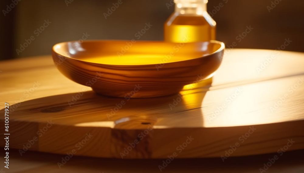 Organic olive oil in yellow jar on wooden table indoors generated by AI