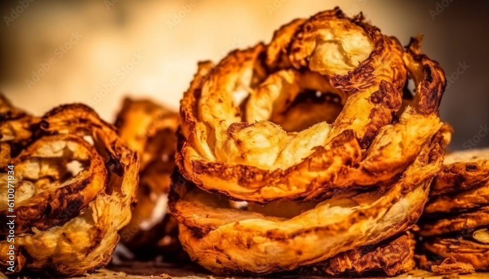 Crunchy baked pastry item, a sweet French dessert on rustic plate generated by AI