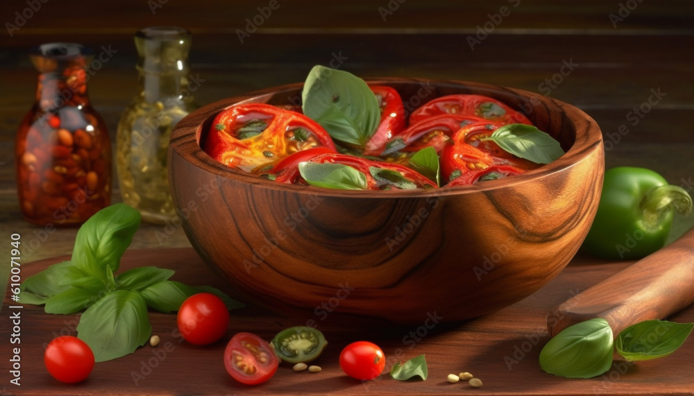 Fresh vegetarian salad with ripe tomato and mozzarella on rustic plate generated by AI