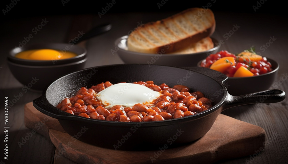 Healthy meal on rustic wood table cooked pork, tomato, bread generated by AI