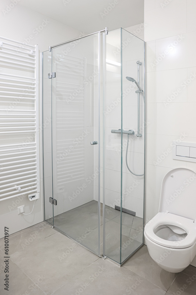 Shower unit and toilet bowl near light wall in bathroom