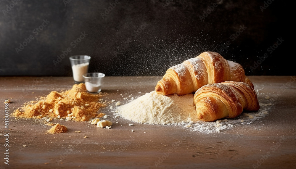 Freshly baked croissant on rustic wood table, a French delicacy generated by AI