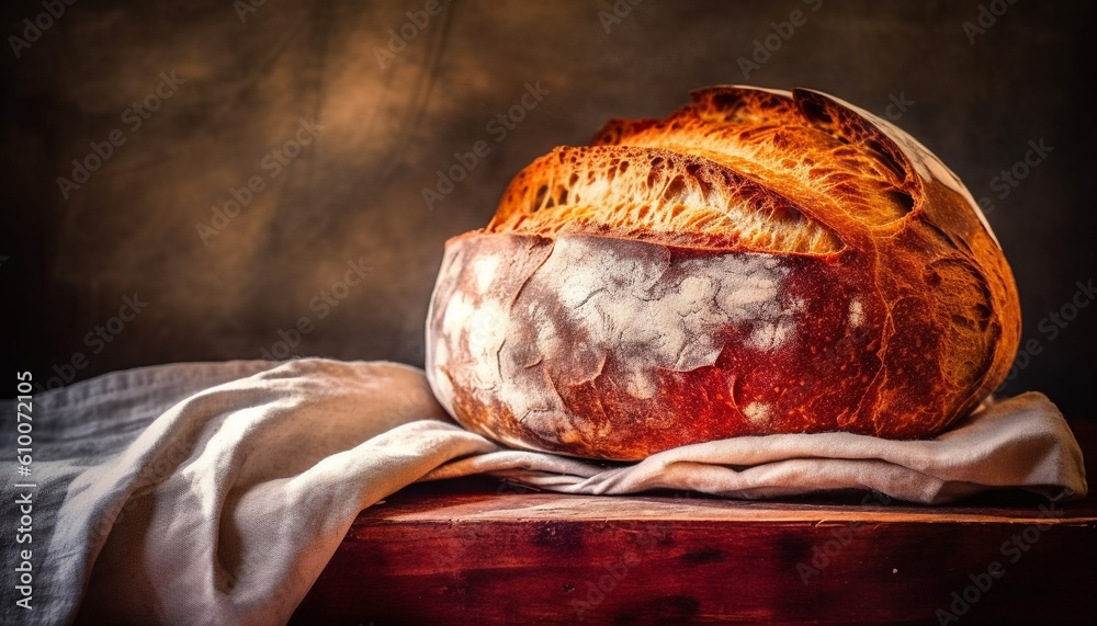 Rustic bread basket, homemade ciabatta and baguette on wooden table generated by AI