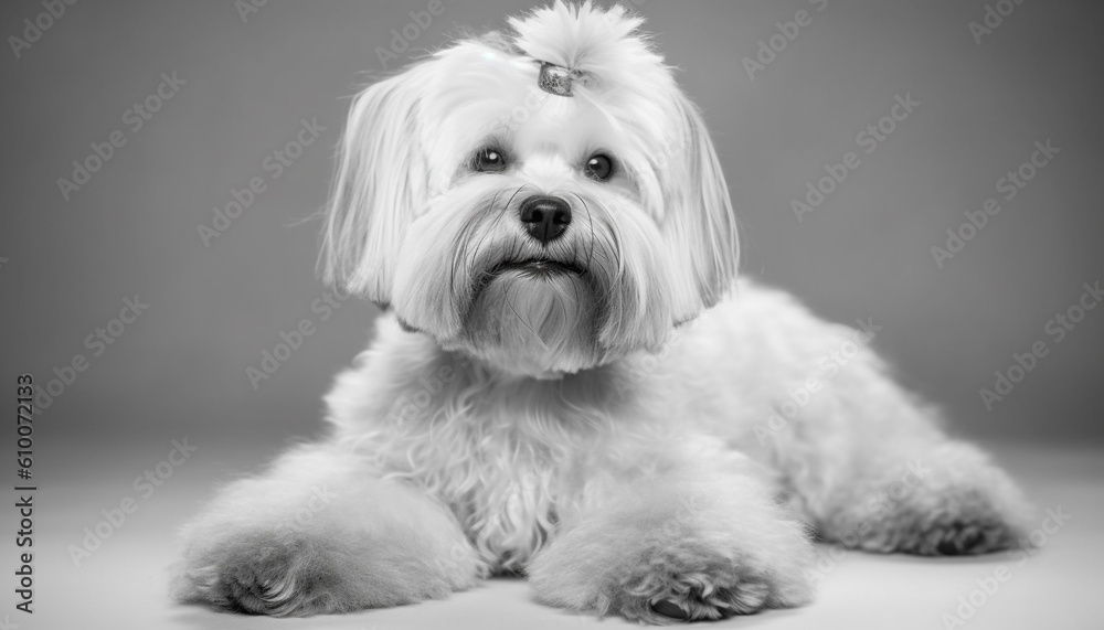 Cute small purebred puppy sitting, looking at camera, fluffy white fur generated by AI