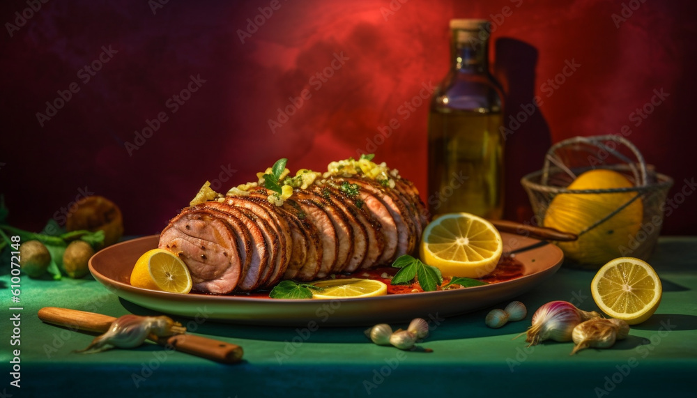 Grilled meat and seafood on rustic wood table with lemon generated by AI