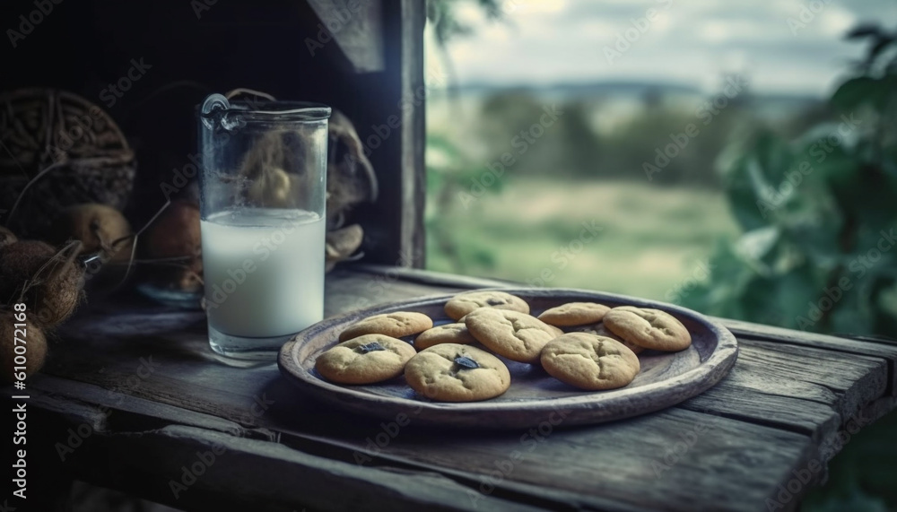 Homemade rustic chocolate chip cookies on wooden table with milk generated by AI