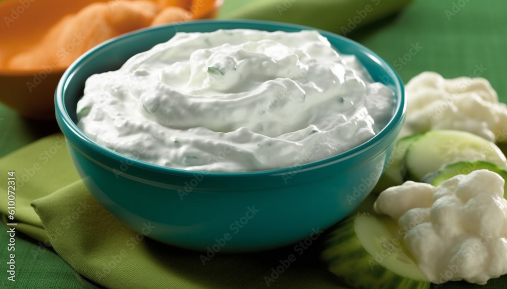 Fresh organic vegetarian meal with yogurt dip and guacamole sauce generated by AI