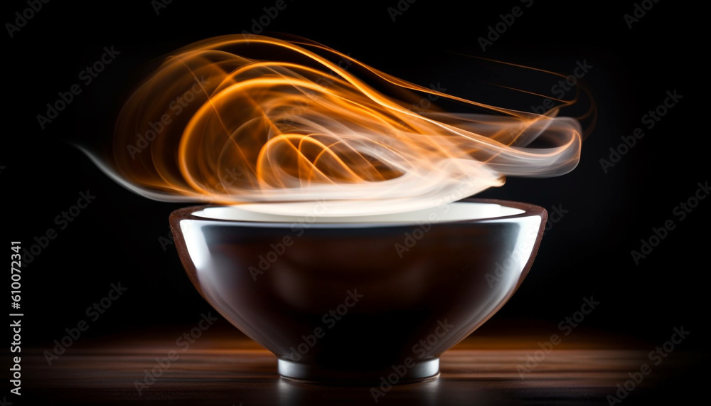 Hot coffee steams on black background, elegant and scented generated by AI