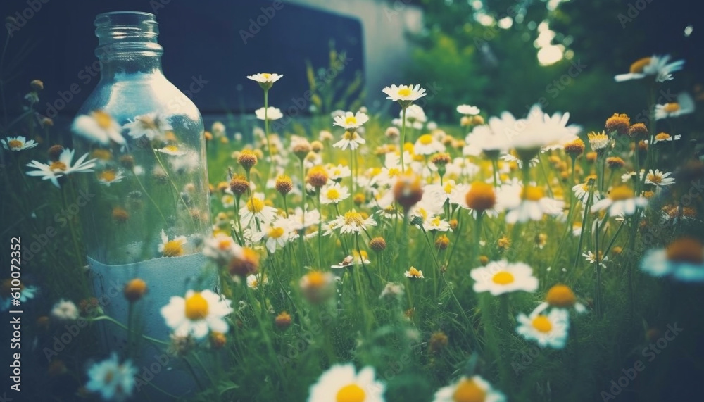 Fresh daisy meadow, a tranquil scene of beauty in nature generated by AI