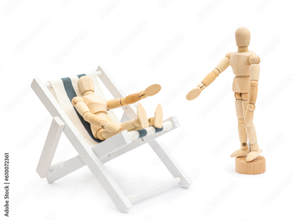 Toy deck chair with wooden mannequins on white background