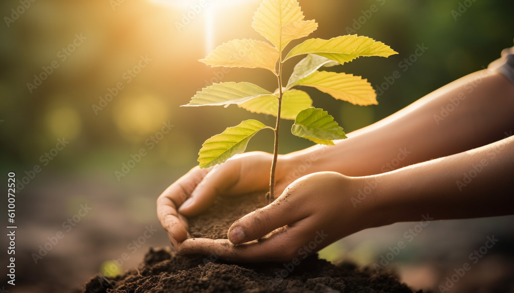 New life begins as human hand holds seedling in dirt generated by AI