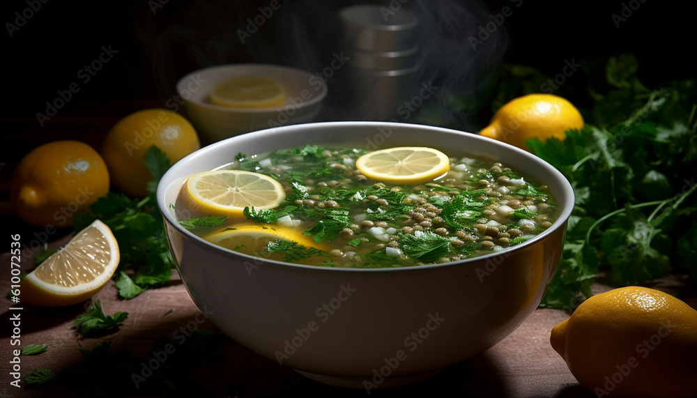 Fresh lemon and lime slices on a wooden table with parsley generated by AI