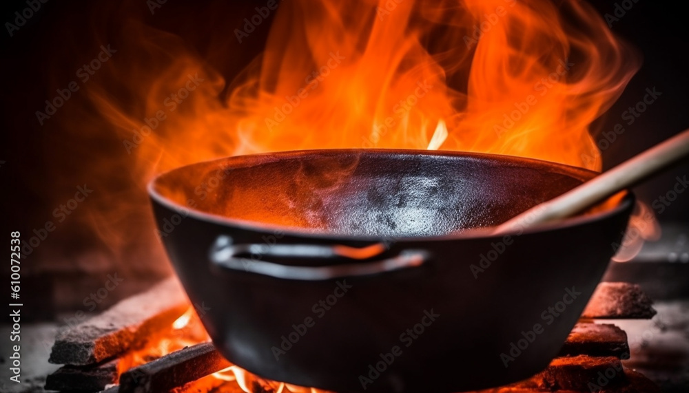 Grilled meat on cast iron grill, glowing with heat generated by AI