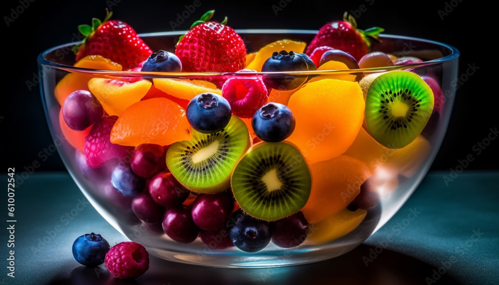 Fresh berry salad with ripe blueberry, raspberry, and strawberry slices generated by AI