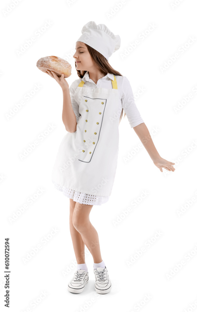 Little baker with fresh bread on white background