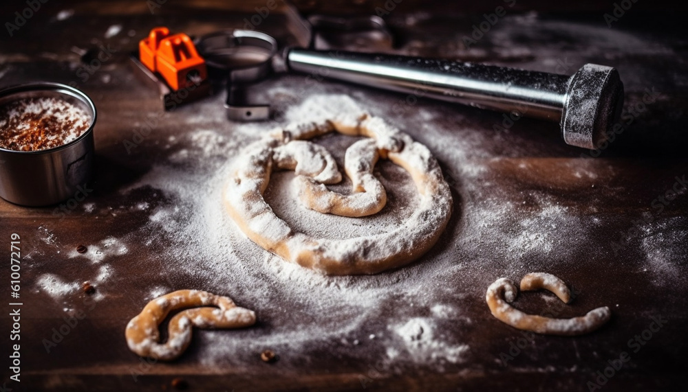 Homemade shortbread cookie on rustic wood table, close up freshness generated by AI