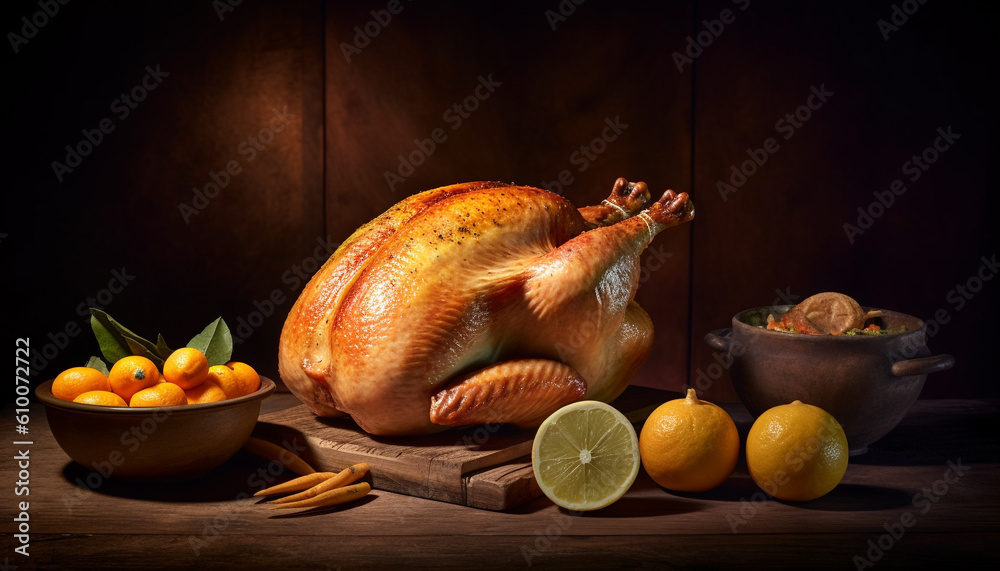 Rustic table with homemade roast turkey, fresh vegetables, and citrus generated by AI