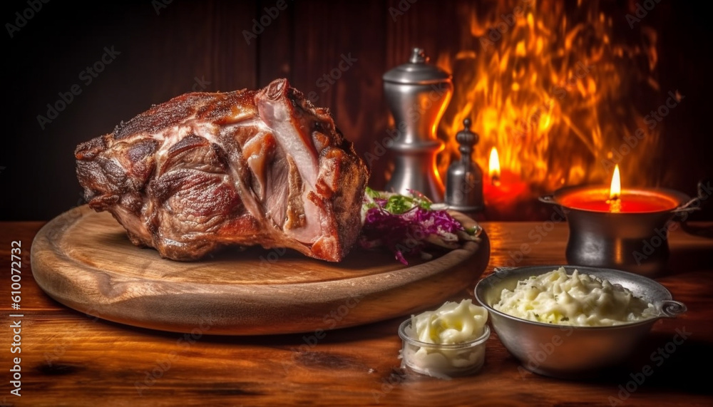 Grilled beef steak on rustic wooden table, ready to eat generated by AI