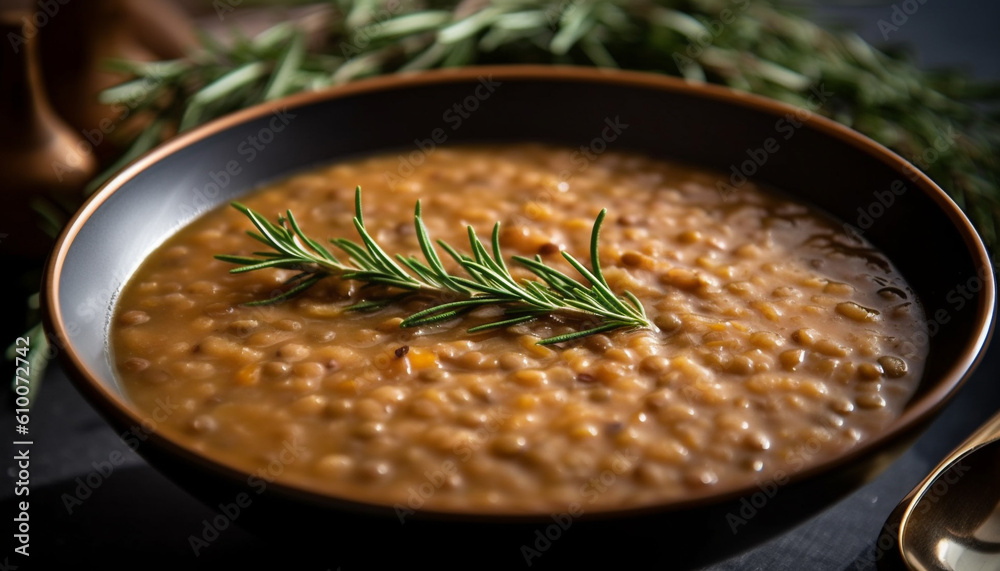 Healthy vegetarian soup garnished with fresh parsley and homemade bread generated by AI