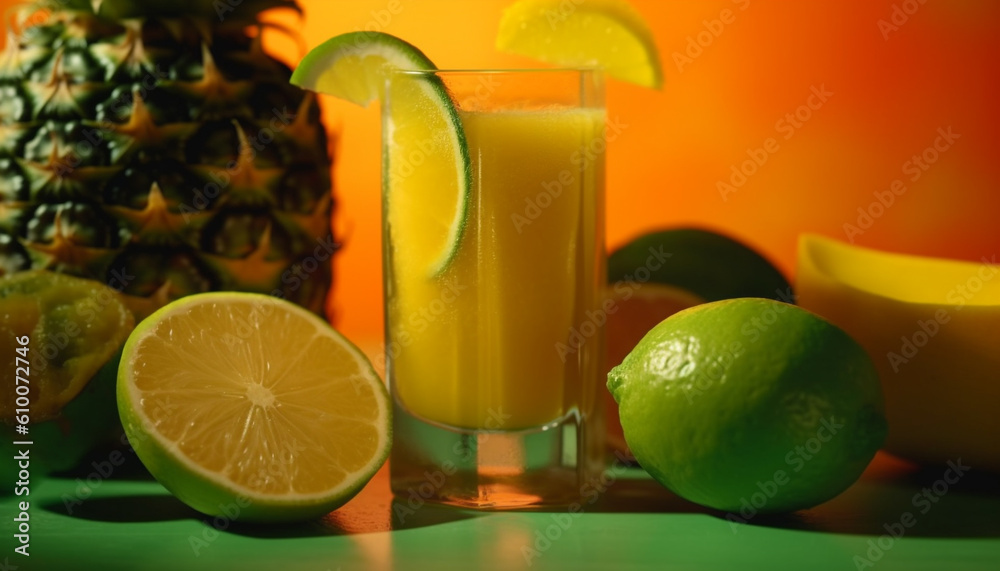 Juicy citrus cocktail with lime and lemon slices in drinking glass generated by AI