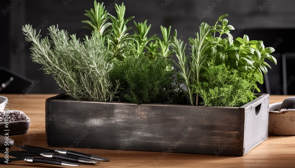 Fresh herbs in rustic flower pots adorn wooden kitchen table generated by AI