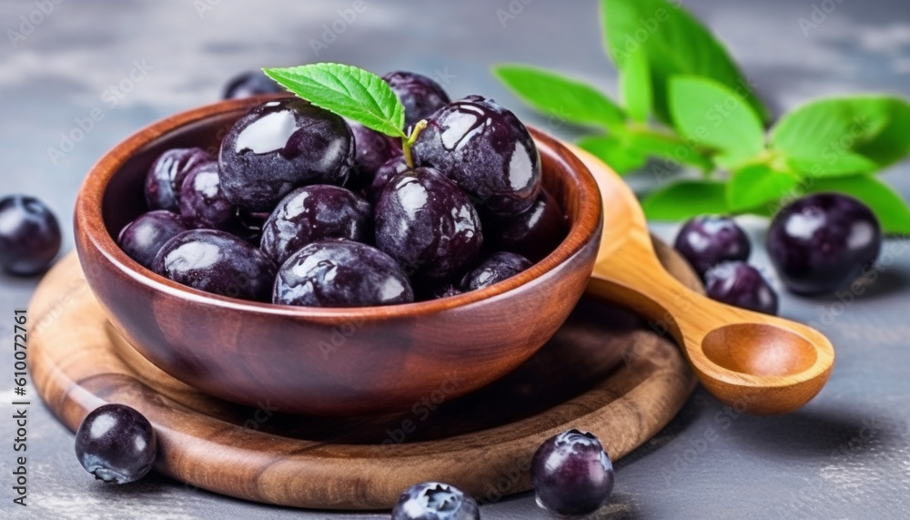 Juicy berry dessert on rustic wood table, a healthy snack generated by AI