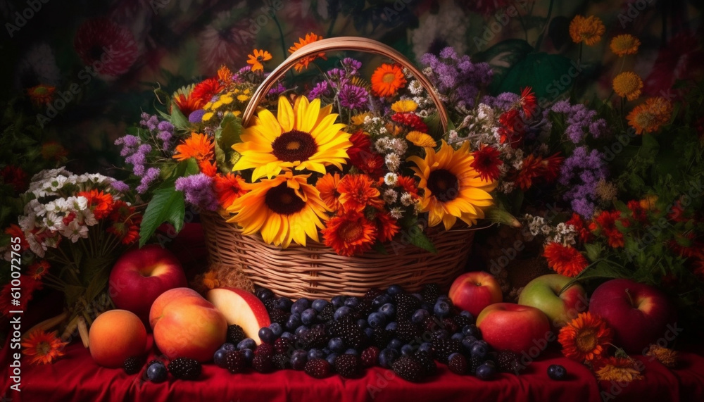 A wicker basket of fresh organic fruit and vegetables outdoors generated by AI