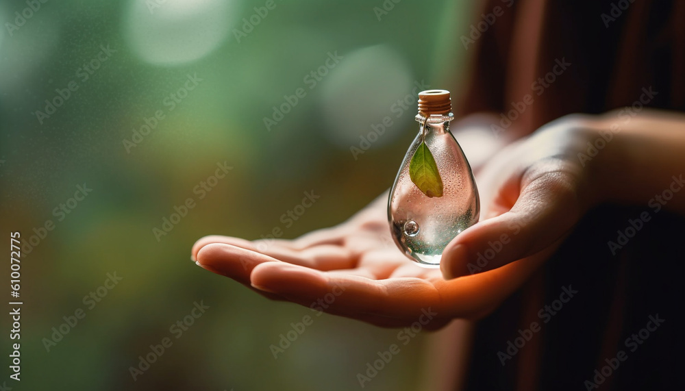 Healthy women holding fresh glass bottle of organic herbal medicine generated by AI