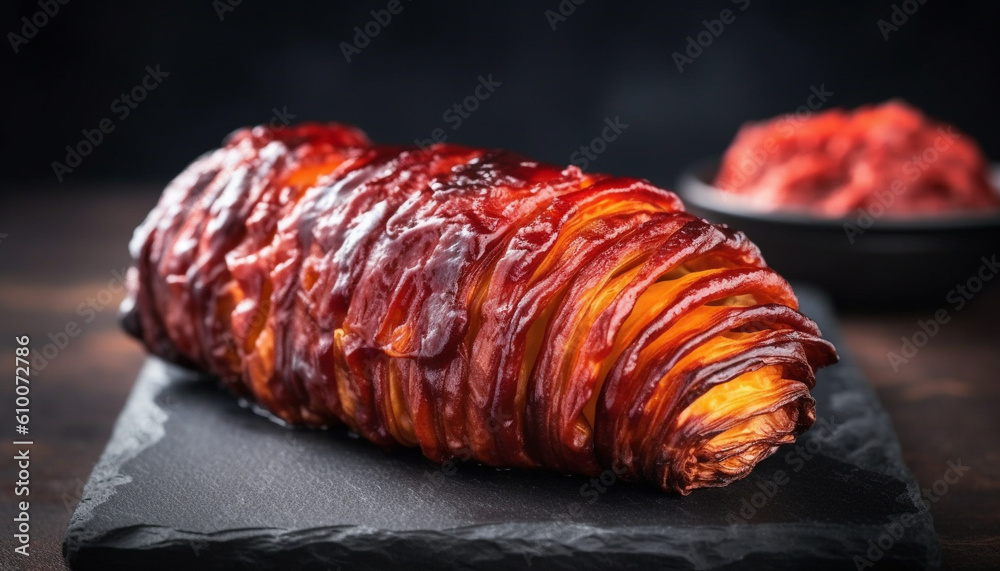 Grilled pork slice on rustic wood plate, smoked and spiced generated by AI