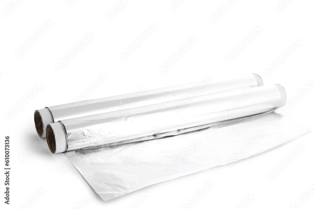 Rolls of aluminium foil isolated on white background