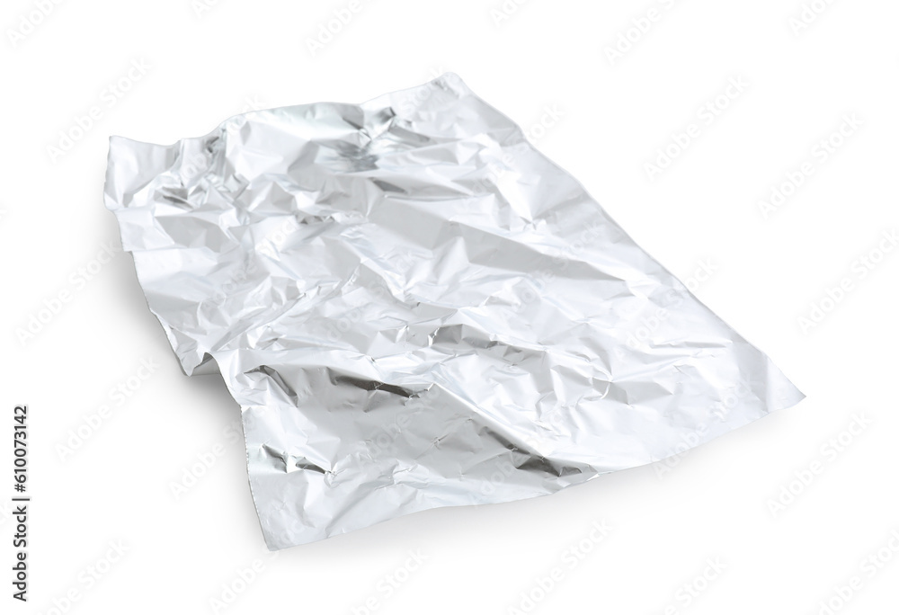 Crumpled sheet of aluminium foil on white background