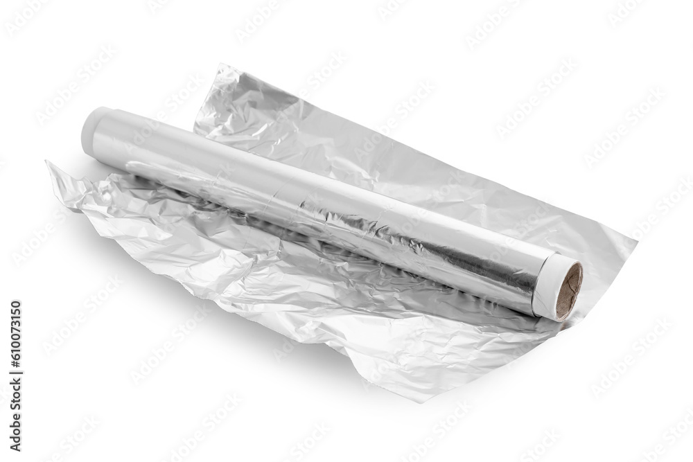 Roll of aluminium foil on white background