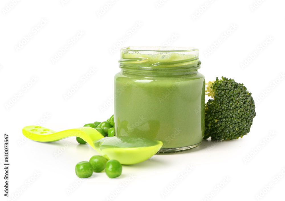 Jar with healthy baby food, broccoli and green peas on white background