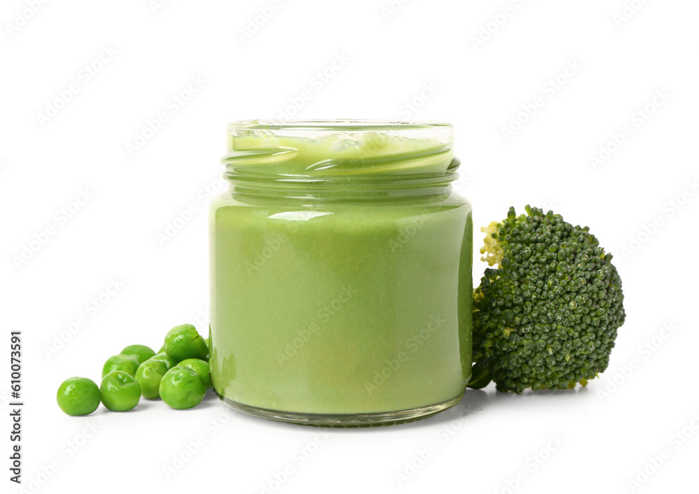 Jar with healthy baby food, broccoli and green peas on white background