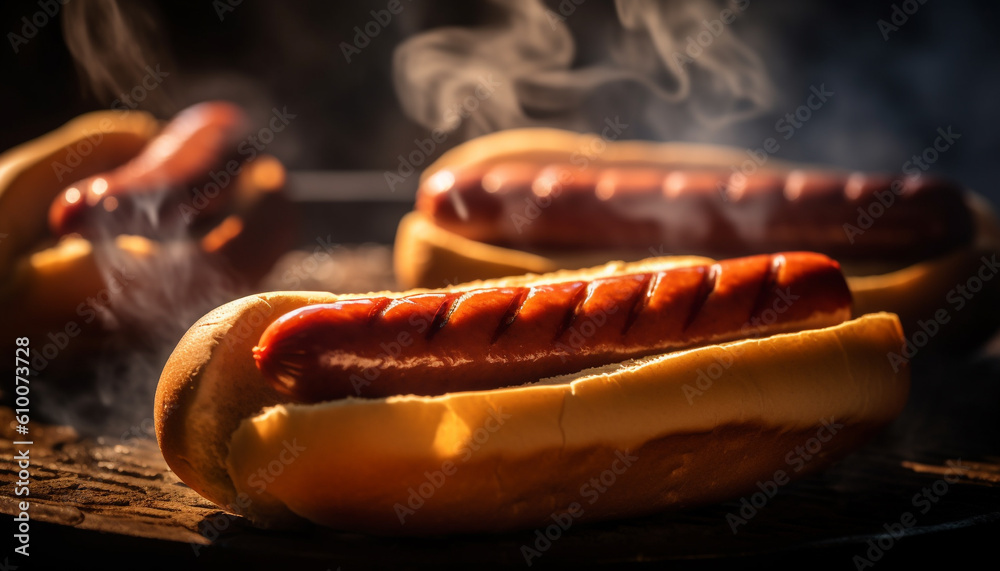 Grilled meat and hot dogs on a barbecue, summer refreshment generated by AI