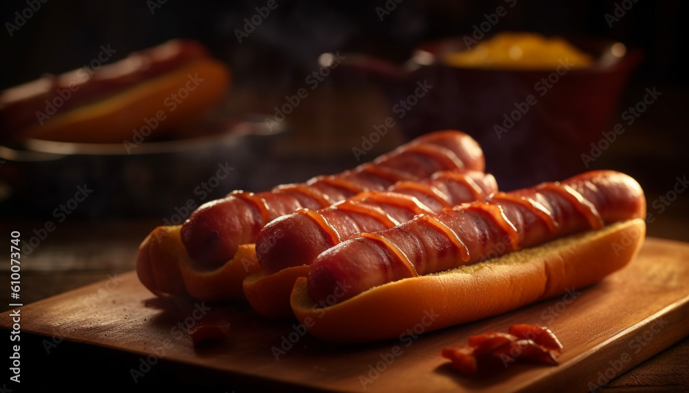 Grilled hot dog and bratwurst on rustic bread with ketchup generated by AI